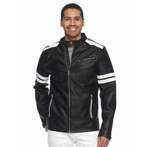 XRAY Jeans Biker Jacket Faux‎ Leather Striped Full Zip Riding Moto Coat Mens L
